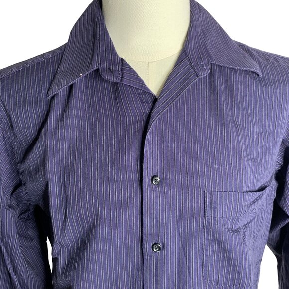 Alfani Button Up Long Sleeve Shirt M Dark Blue Black Striped Pocket Cotton - Picture 2 of 6